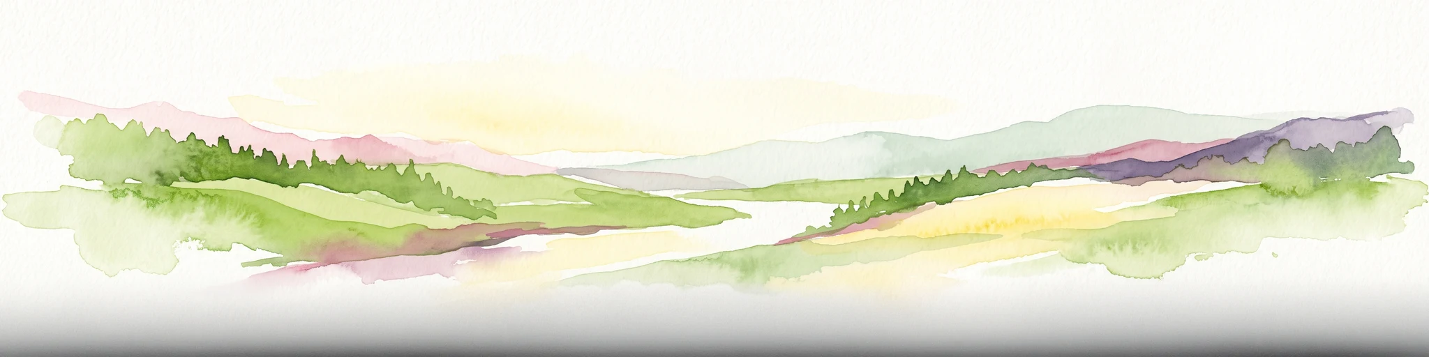 A horizontal watercolor painting showing a soft, stylized river winding through green hills and forests.