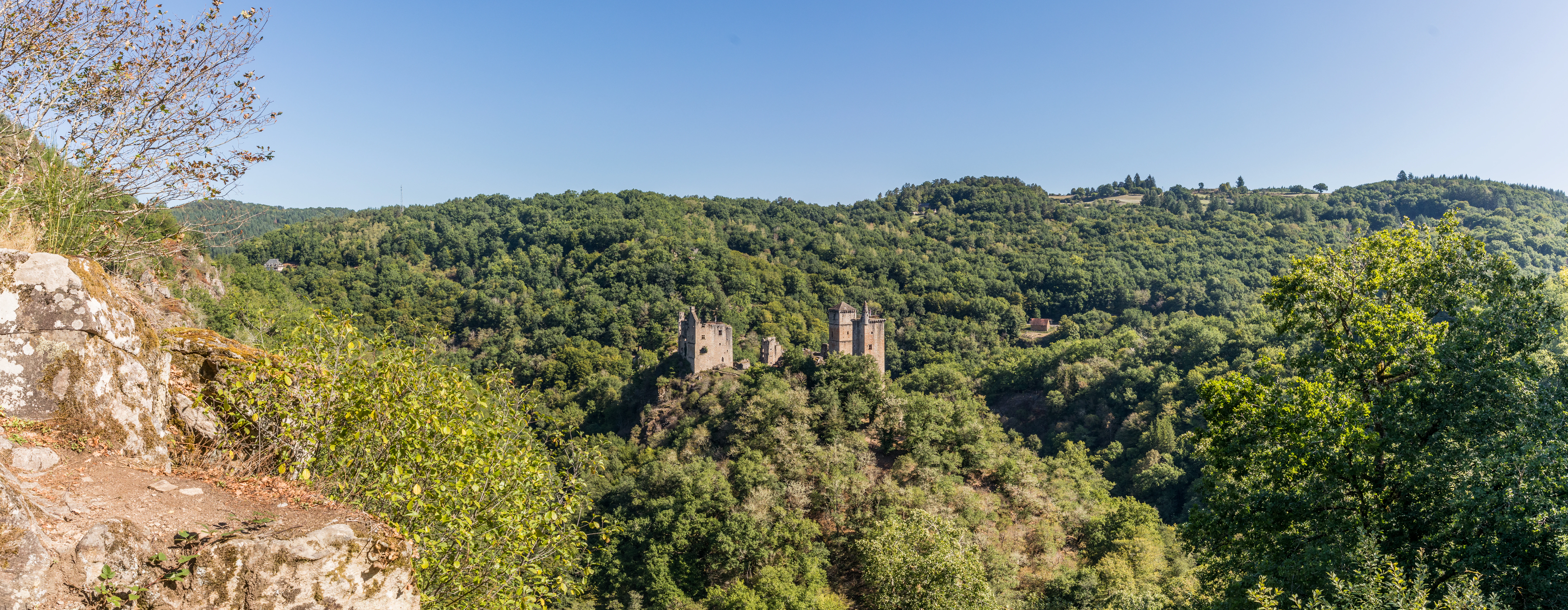 Panoramic view of medieval stone tower ruins on a forested hillside under a clear blue sky.