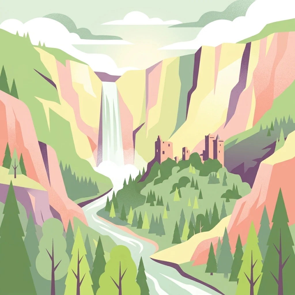 A stylized digital illustration of a river canyon with a waterfall and medieval stone towers situated on a forested hillside.