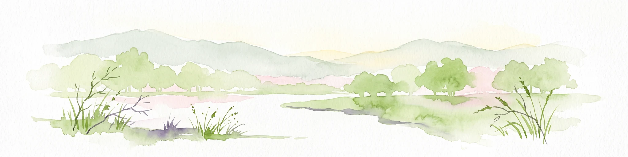 Pintura en acuarela que representa un paisaje verde suave con colinas onduladas, vegetación ribereña y una vía fluvial central.