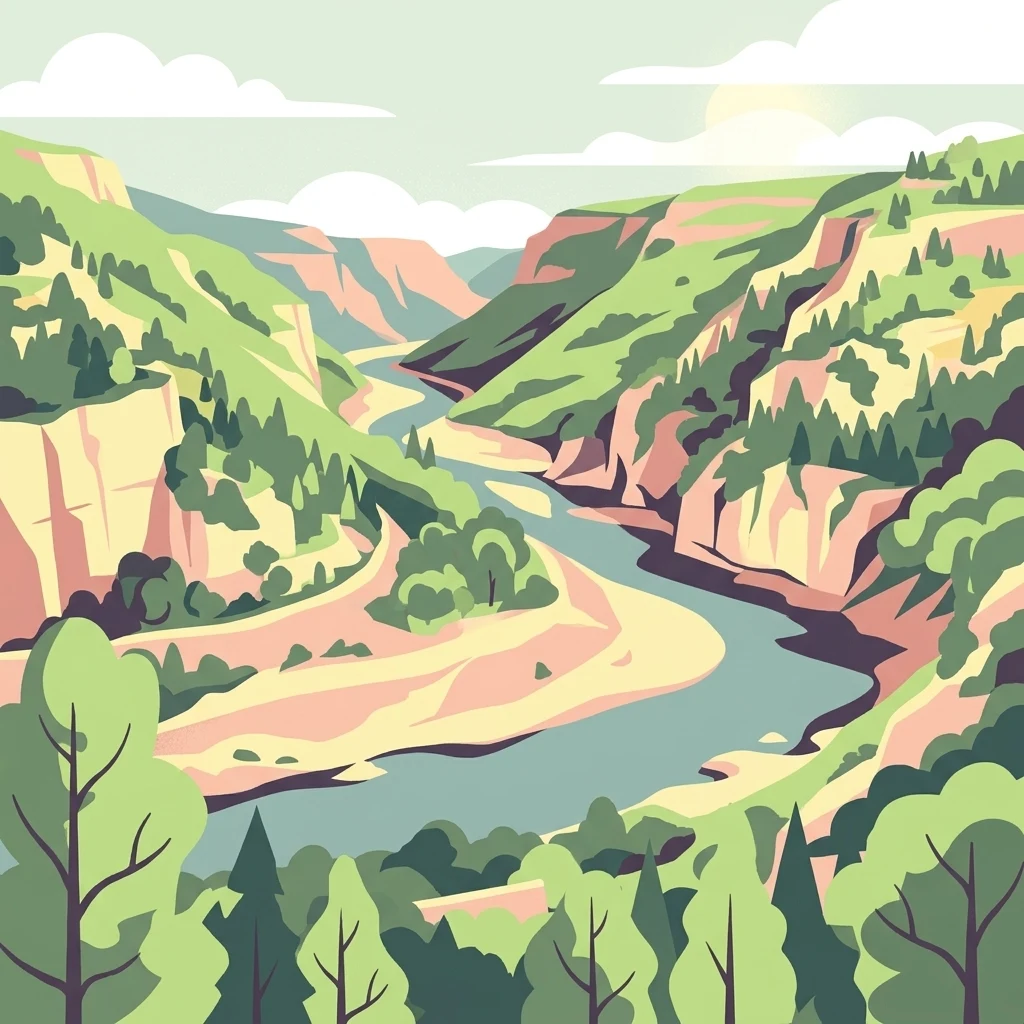 An illustration of a river winding through a deep gorge with steep cliffs, greenery, and trees under a soft sky.