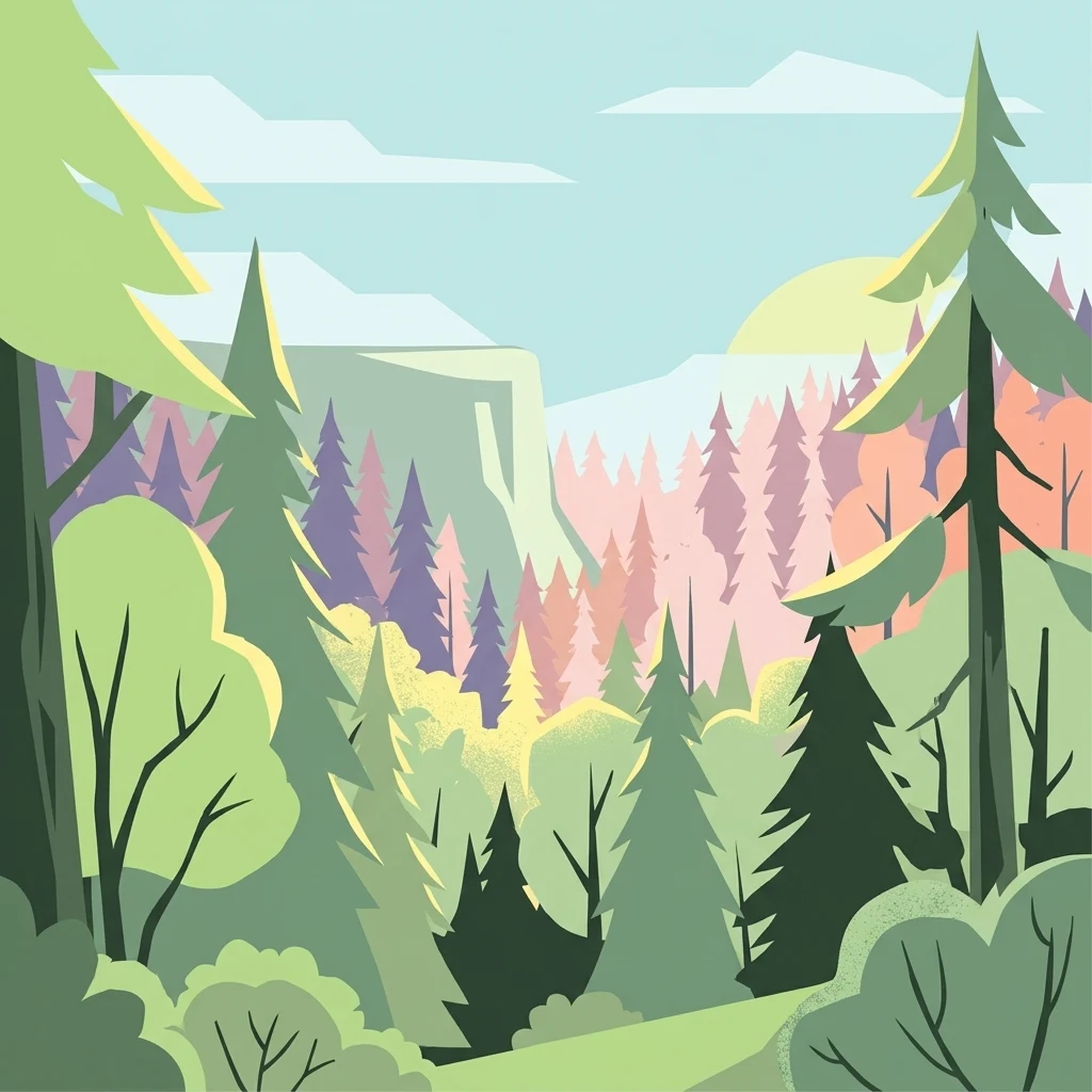 Una ilustración digital de estilo plano que representa un denso bosque de árboles de hoja perenne y caducifolia con un acantilado rocoso pálido al fondo bajo un cielo azul suave.