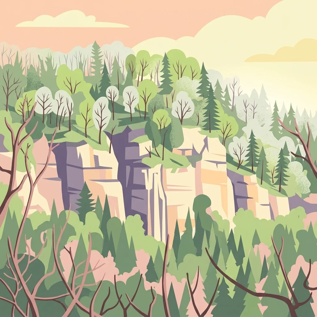 Una ilustración plana estilizada de un paisaje de acantilados de piedra caliza boscosos al atardecer, con escarpes rocosos en capas rodeados de árboles coníferos y caducifolios.