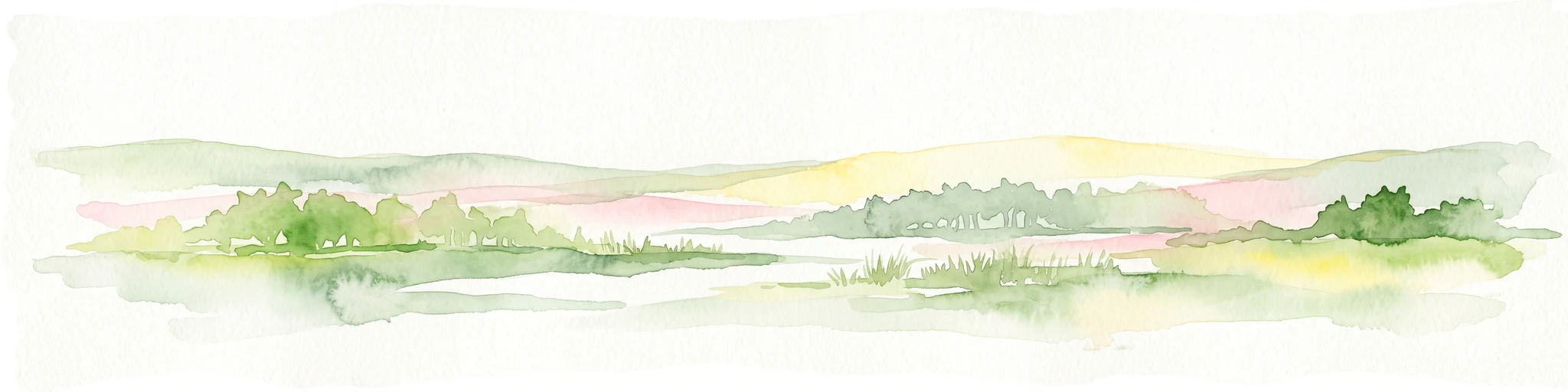 Una pintura horizontal en acuarela que representa un paisaje suave e impresionista con colinas verdes onduladas, campos de color amarillo pálido y una línea dispersa de árboles sobre un fondo blanco.