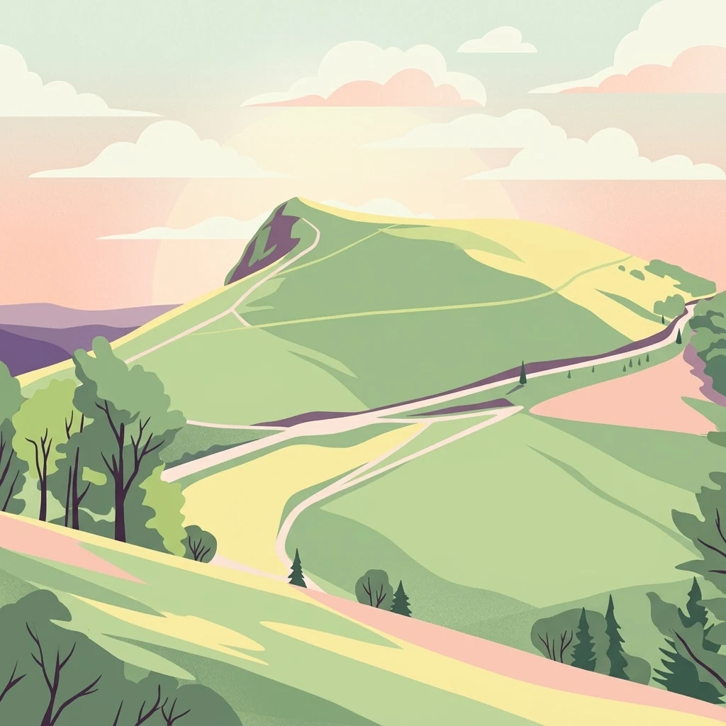 A digital illustration of a rolling green mountain landscape with trails winding up a peak under a soft sunset sky.
