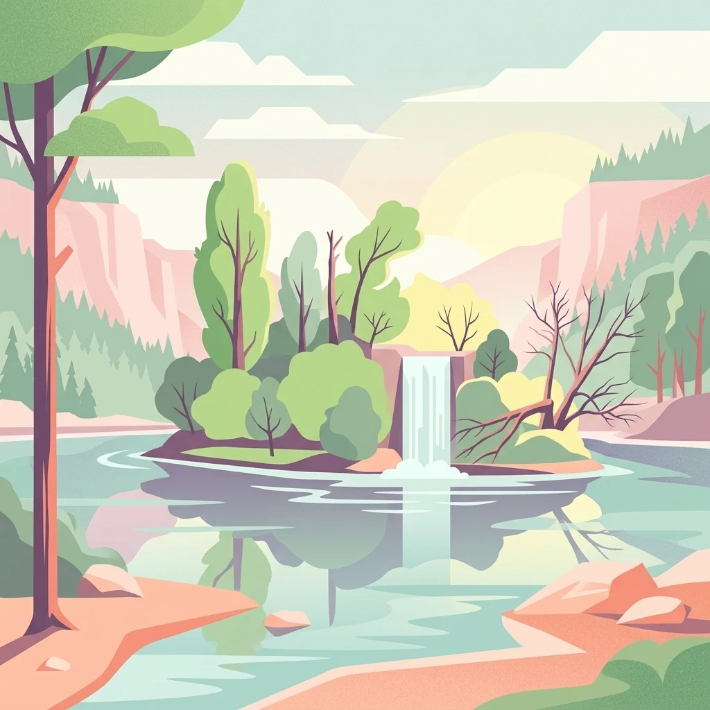 Digital illustration of a river scene with a central island, a small waterfall, and surrounding trees, rendered in a soft pastel color palette.