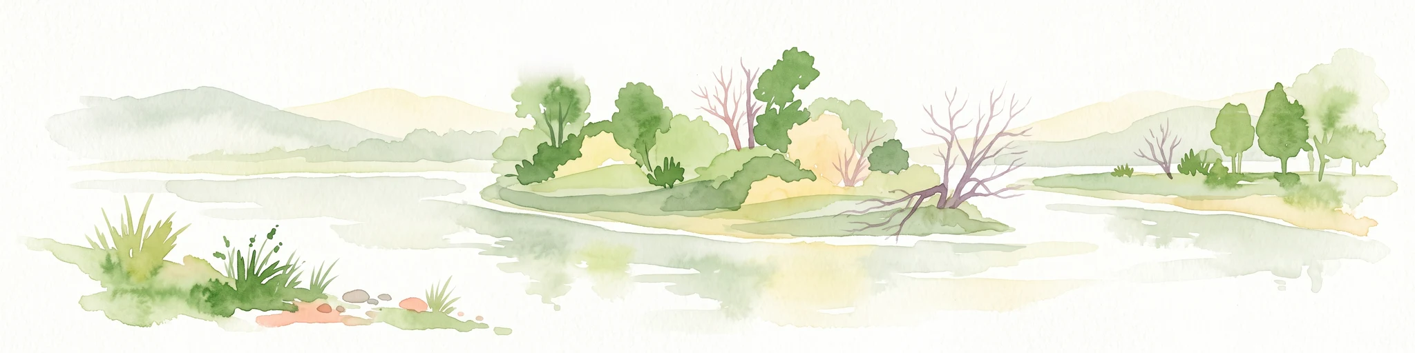 Una ilustración horizontal en acuarela que muestra un río tranquilo serpenteando alrededor de pequeñas islas cubiertas de árboles, con colinas bajas al fondo.