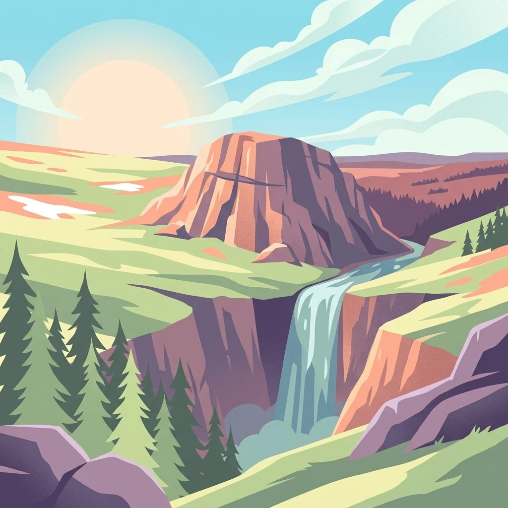 A stylized vector illustration of a mountainous valley with a large, flat-topped mountain, a waterfall cascading over a cliff, pine trees in the foreground, and a bright sun in the sky.