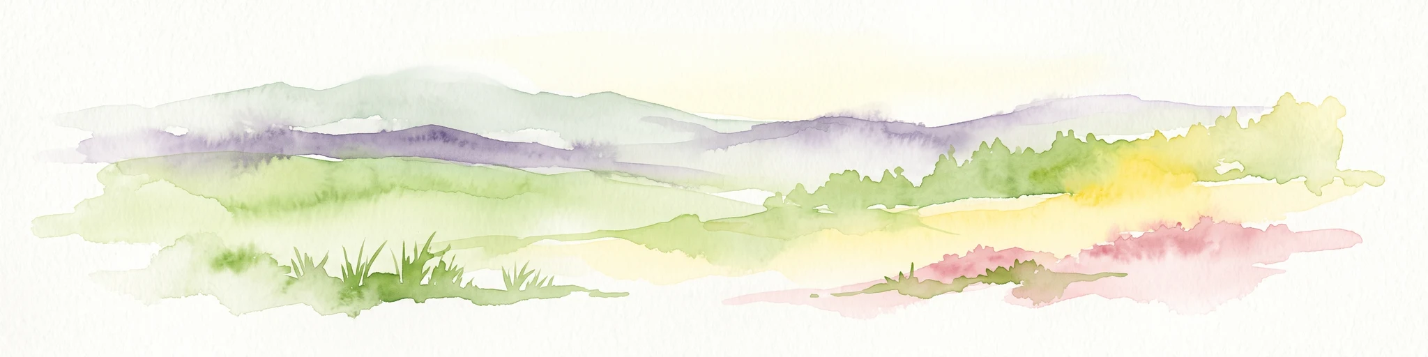 A soft watercolor painting of a rolling landscape with green fields, distant purple hills, and patches of yellow and pink vegetation.