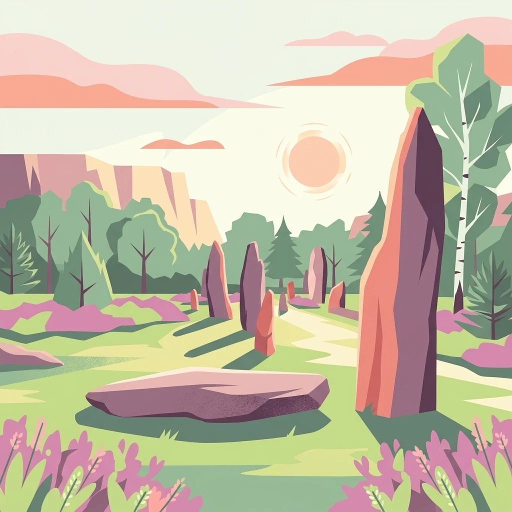 A flat-style illustration showing a heathland landscape with several tall, vertical stone monoliths and a prominent horizontal rock in the foreground, surrounded by trees and purple flowering plants under a soft sunset.