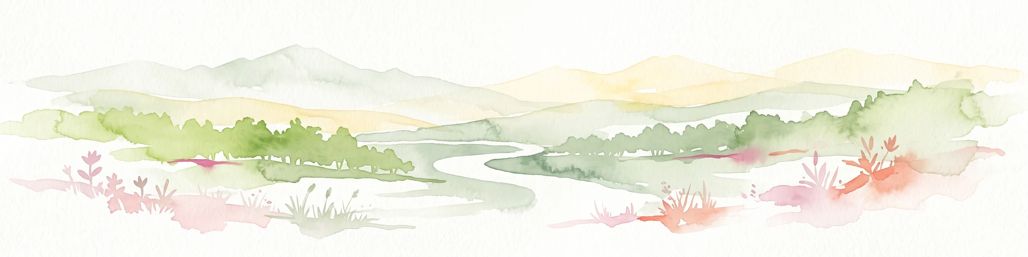 A watercolor illustration of a soft, rolling landscape with green hills, a winding path or stream, and hints of pink flora in the foreground, set against a light background.