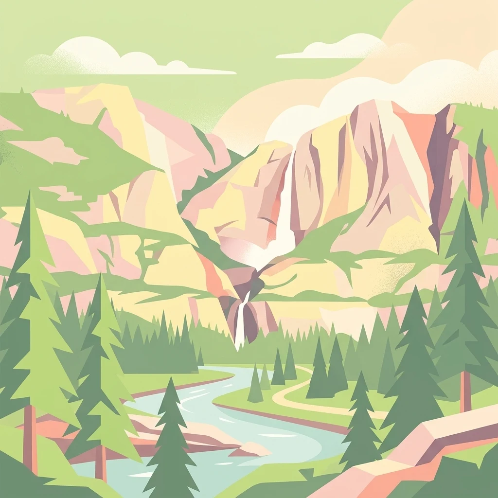 A flat-style digital illustration depicting a winding river leading toward a waterfall cascading between two mountain cliffs, surrounded by evergreen trees in a soft, pastel-toned color palette.