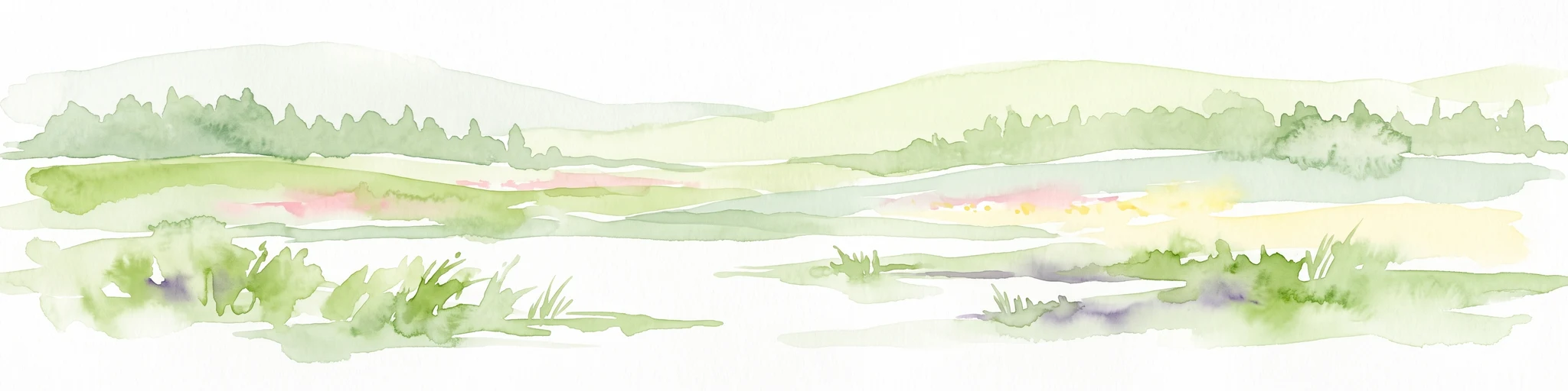 A horizontal watercolor illustration of a soft green landscape with rolling hills, patches of grass, and distant tree lines against a white background.