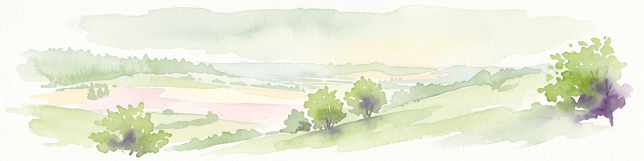 Una pintura en acuarela que muestra un paisaje rural ondulado con colinas verdes, árboles dispersos y un cielo claro.