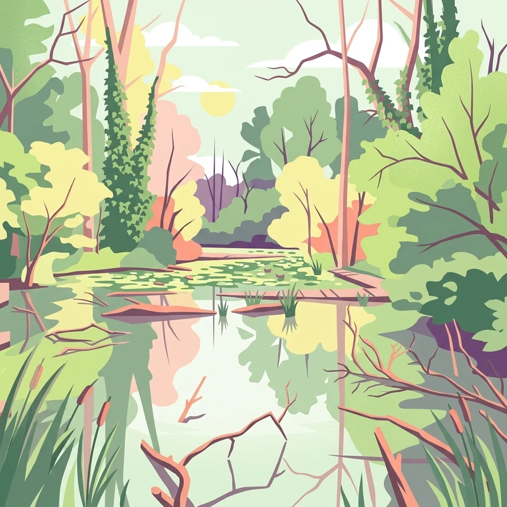 A flat-style digital illustration depicting a calm wetland scene with reflective water, lily pads, reeds, and surrounding forest vegetation under a soft sky.