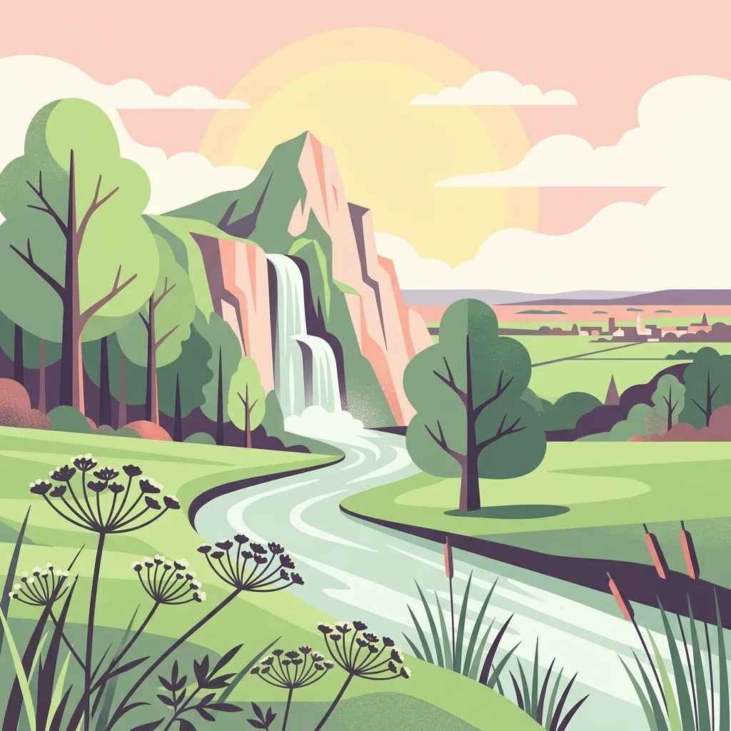Una ilustración plana de estilo vectorial de un paisaje con un río serpenteante que conduce a una cascada, rodeado de árboles, colinas y flora de humedal bajo un sol cálido y suave.