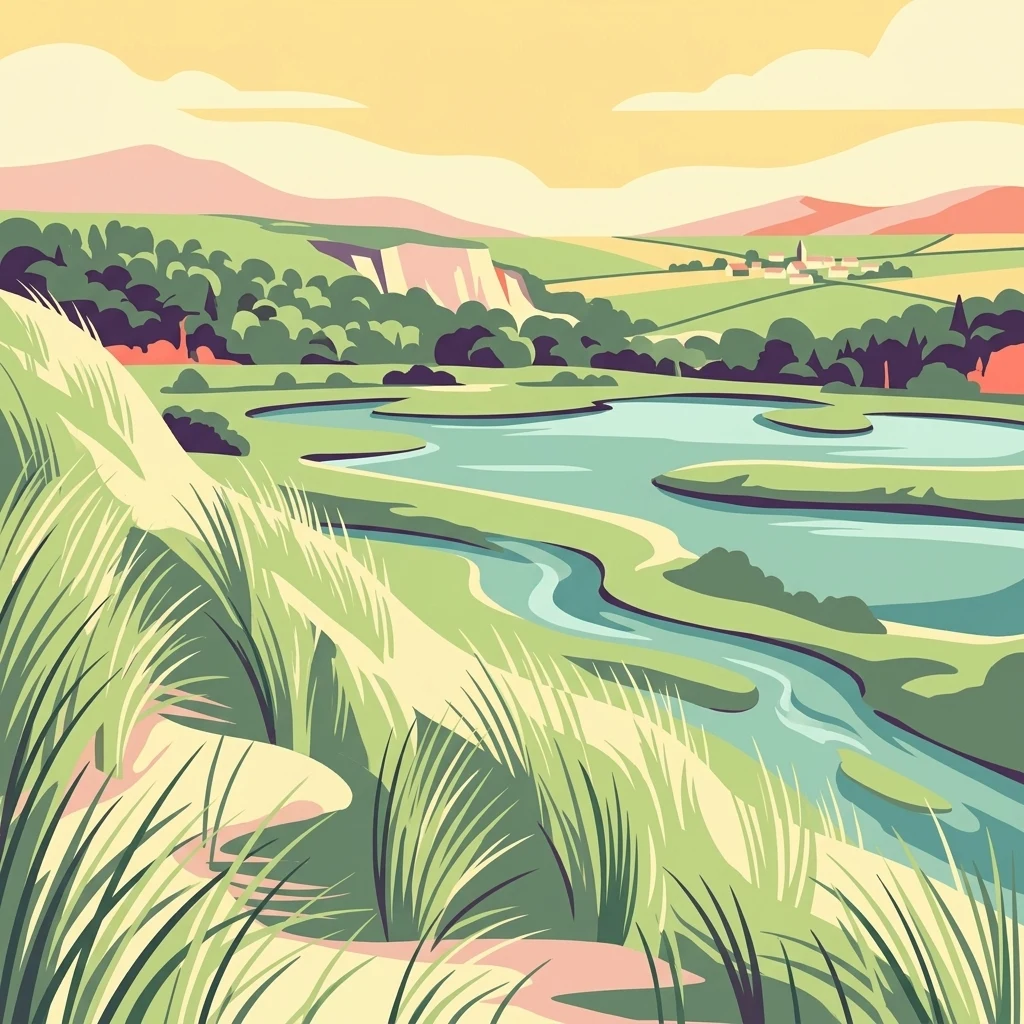 Una ilustración estilizada que muestra una duna cubierta de hierba en primer plano que desciende hasta un río serpenteante o un estuario rodeado de marismas verdes, con colinas onduladas y un pequeño asentamiento en la distancia bajo un cielo cálido y suave.