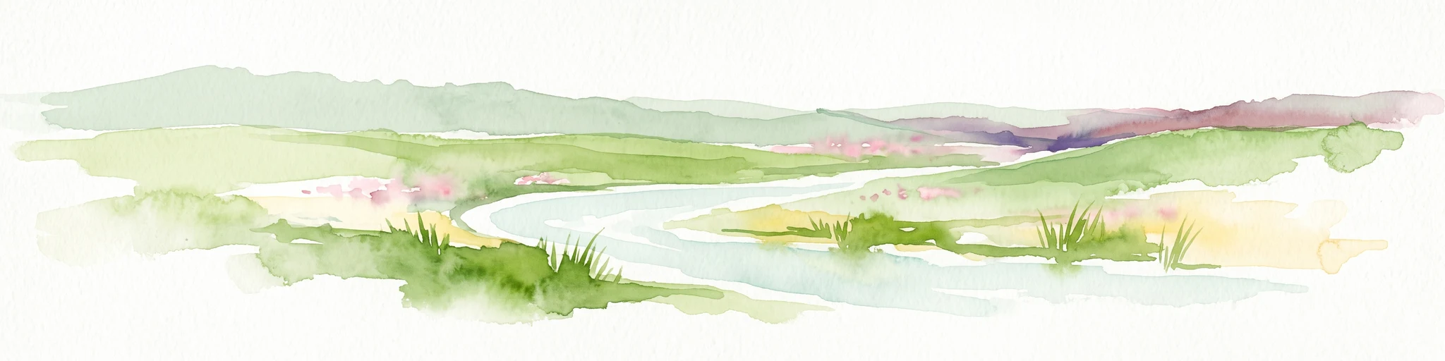 A soft, painterly watercolor illustration of a winding river flowing through green marshlands, coastal dunes, and gentle rolling hills under a bright, open sky.