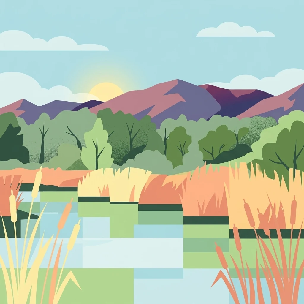 A flat design illustration of a marshy wetland with cattails in the foreground, a line of green trees in the midground, and purple mountains under a blue sky with clouds and a sun.