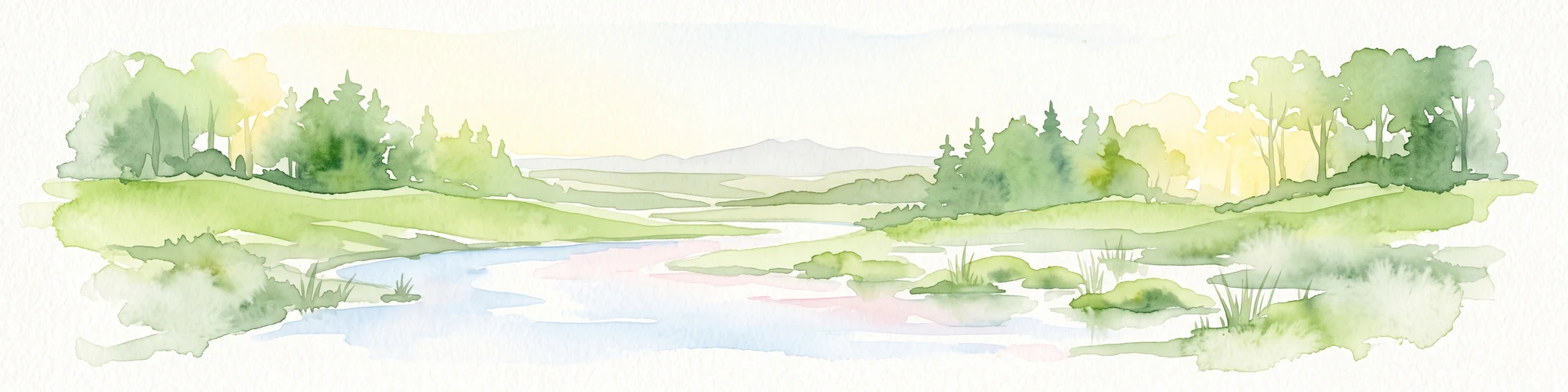 A horizontal watercolor painting showing a green landscape with a winding stream, patches of marshy water, and distant hills, with soft light and green trees on the sides.