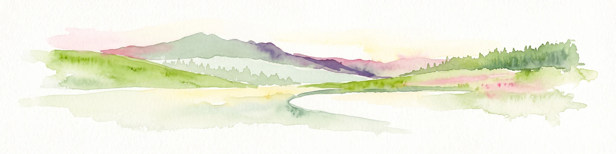 Una pintura a la acuarela sobre un fondo blanco que muestra un paisaje con colinas onduladas verdes, un pequeño lago y cadenas montañosas lejanas en tonos rosa, púrpura y verde.