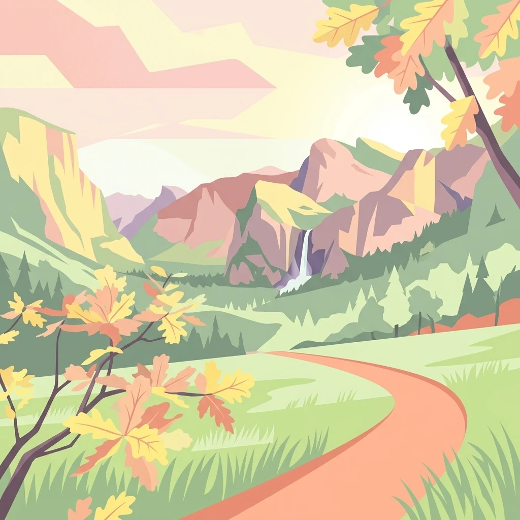 A flat vector illustration showing a winding path through a grassy meadow leading toward distant mountains with a waterfall; foreground oak branches with autumn leaves frame the scene.
