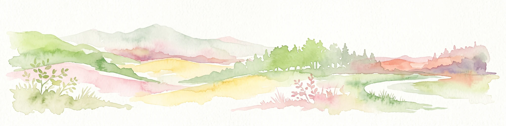 A watercolor painting of a rolling rural landscape with grassy hills, woodlands, and a winding stream, rendered in soft pastel greens, yellows, and pinks.