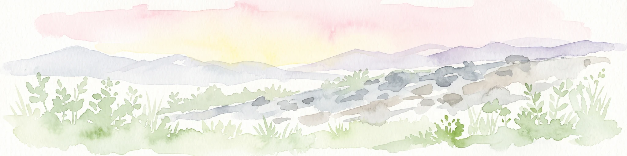 A horizontal watercolor painting depicting a soft-toned landscape with a rocky scree slope in the foreground and rolling hills under a pastel sunset sky.