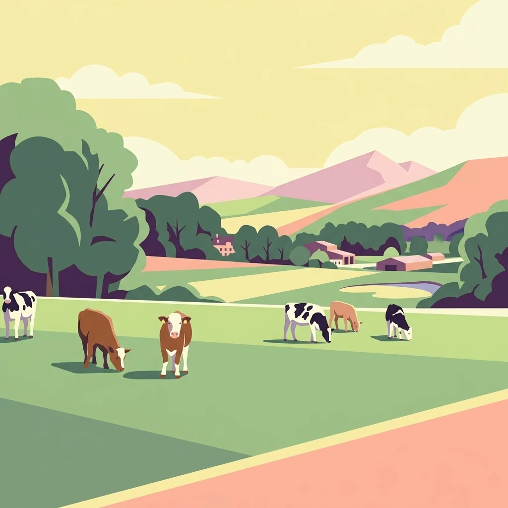 A stylized flat-design illustration of cattle grazing in a green meadow with rolling hills, trees, and farm buildings in the background under a soft sunset sky.