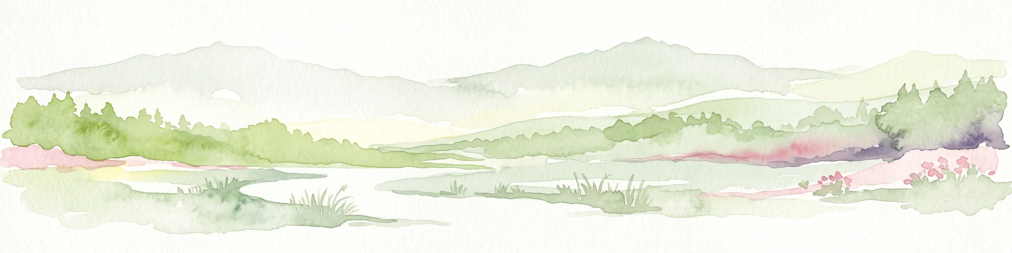 A watercolor painting showing a soft, panoramic landscape with green hills in the distance, a meandering stream in the foreground, and grassy banks with subtle pink floral highlights.