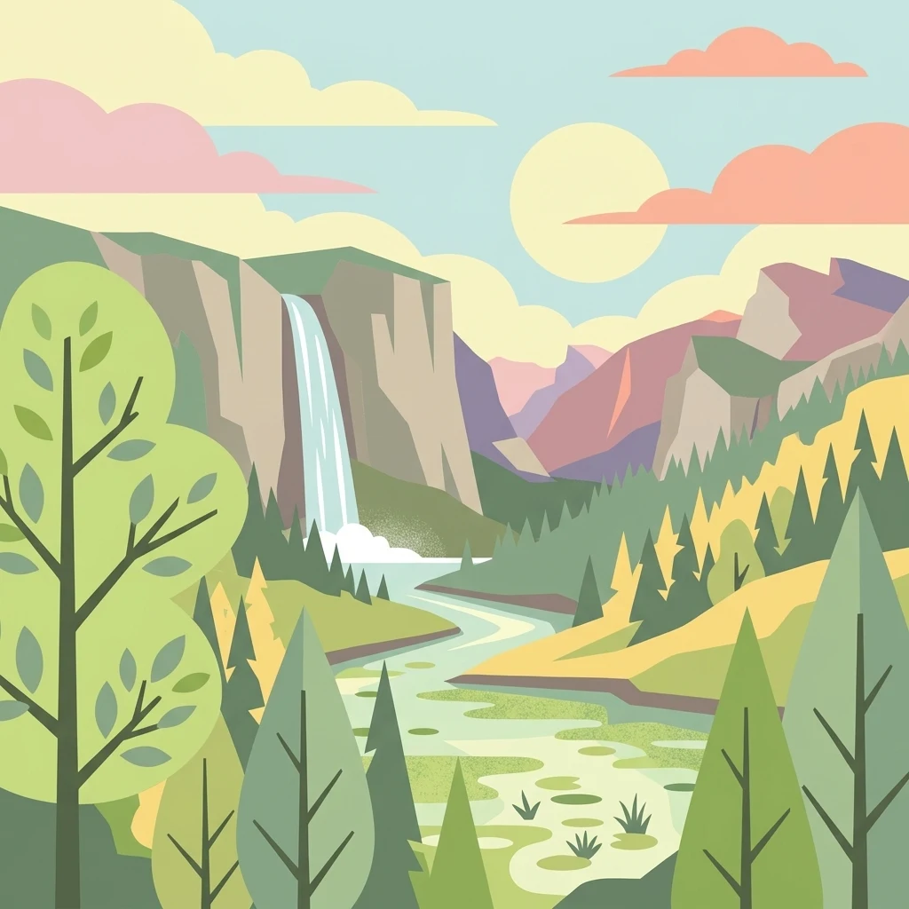 A digital illustration depicting a sunny mountain landscape with a waterfall feeding into a river, surrounded by pine forests and cliffs under a soft-colored sky.