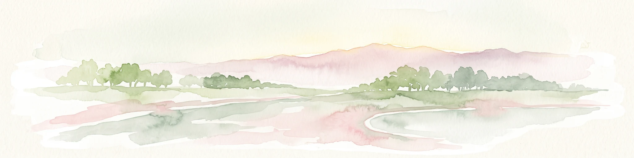 A soft watercolor painting showing a panoramic landscape with light green trees and low hills in the background, set against a pale, washed-out sky.