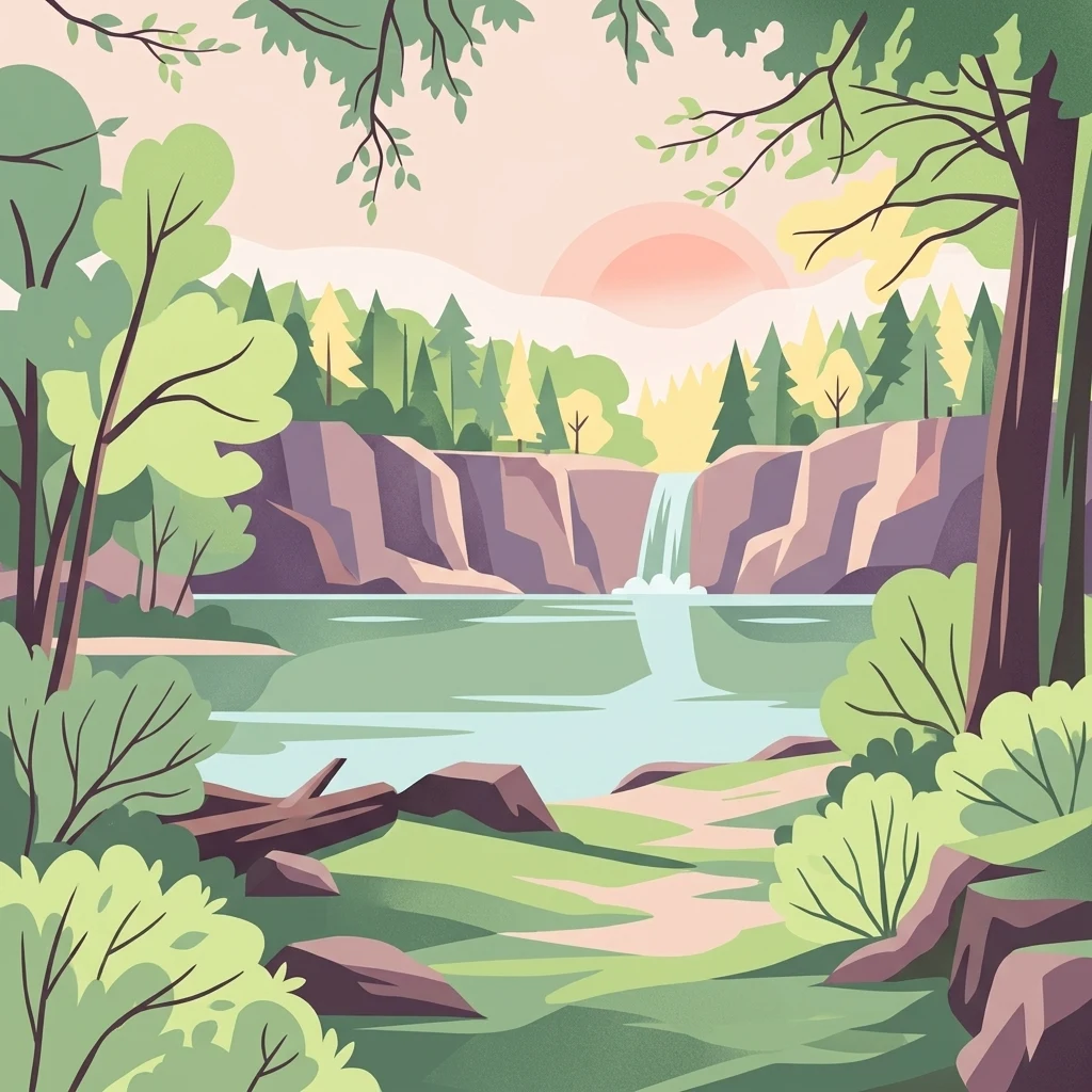 A stylized digital illustration of a forest scene with a central waterfall flowing into a calm lake, surrounded by cliffs, trees, and greenery under a soft sunset sky.