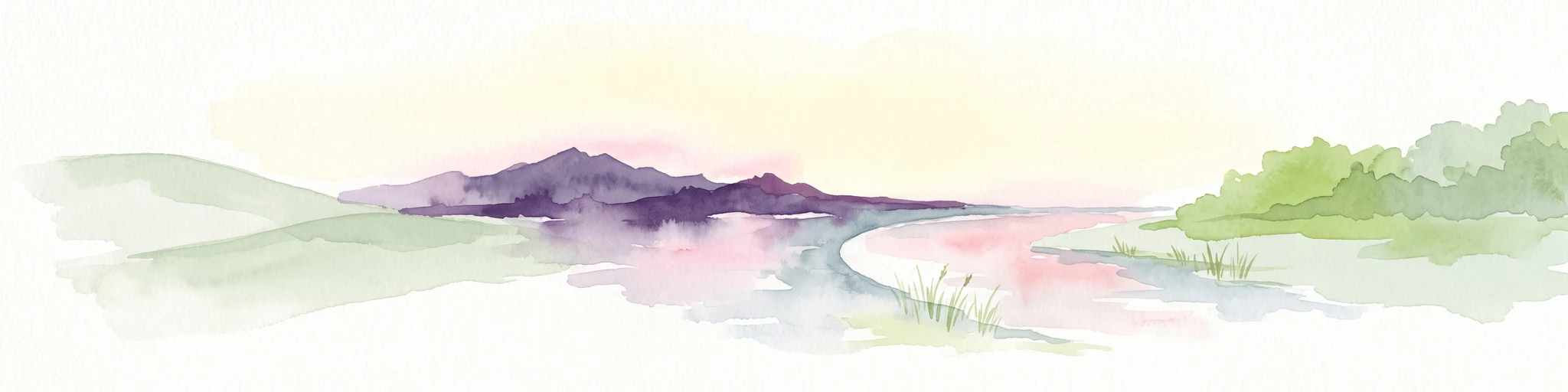 A soft watercolor painting of a natural landscape showing rolling green hills, a distant purple mountain range, and a calm body of water reflecting the light, with green foliage on the right bank.