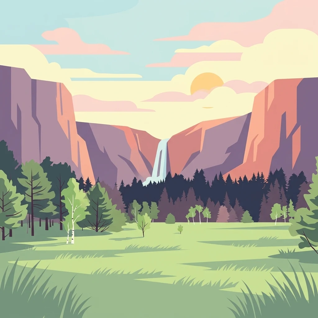 A flat-style digital illustration showing a mountain valley at sunset. In the center, a waterfall cascades between two large cliff faces, backed by a soft sky with a pale sun. In the foreground, a grassy meadow with scattered trees and shrubs leads to a dark line of forest at the base of the cliffs.