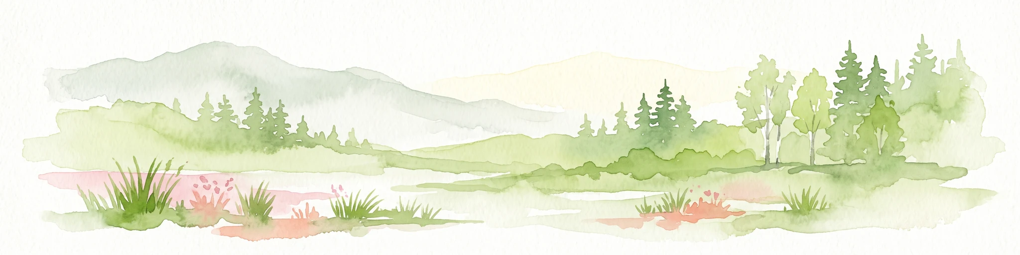 Una ilustración en acuarela de un paisaje con bosque verde, hierbas de humedal y montañas pálidas al fondo, sobre un fondo blanco limpio.