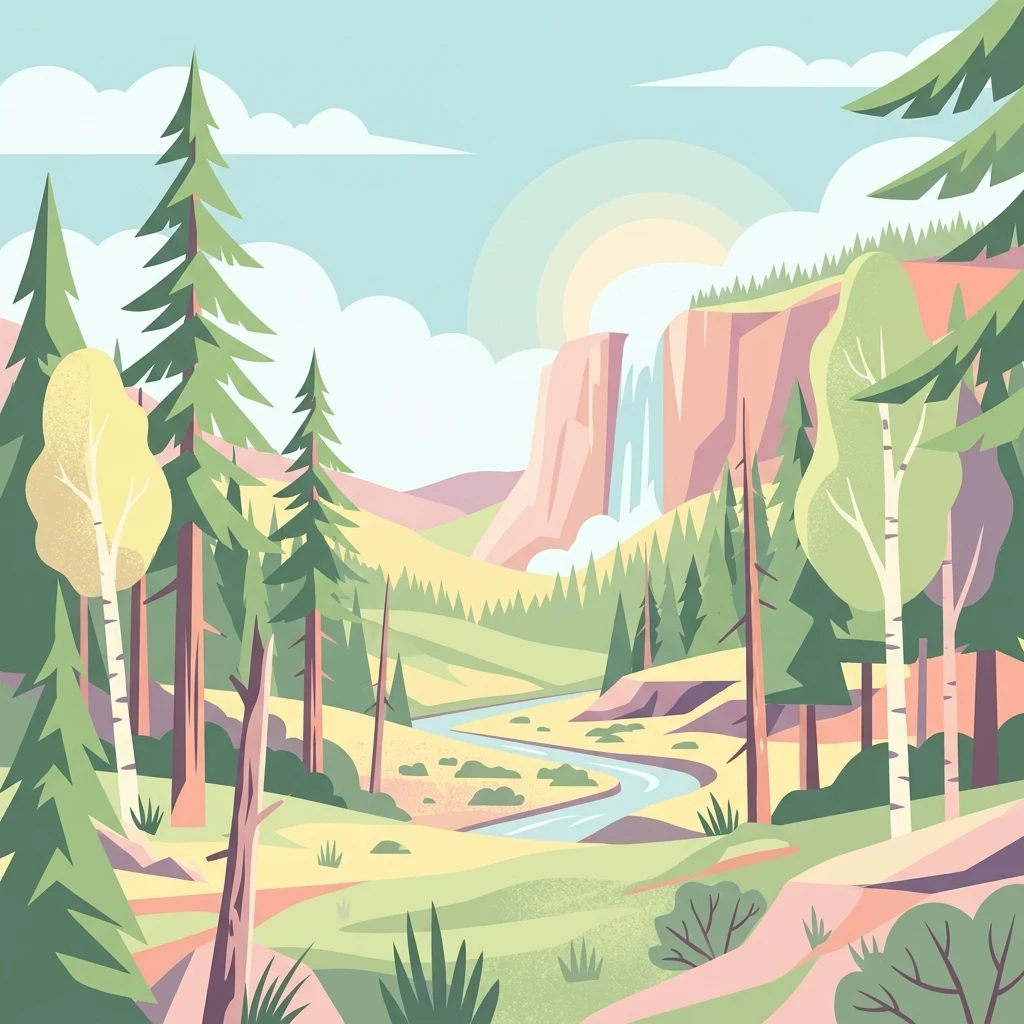 A flat-design illustration depicting a vibrant mountain valley with a winding river, a waterfall flowing from a cliff, and various evergreen and deciduous trees under a light sky.