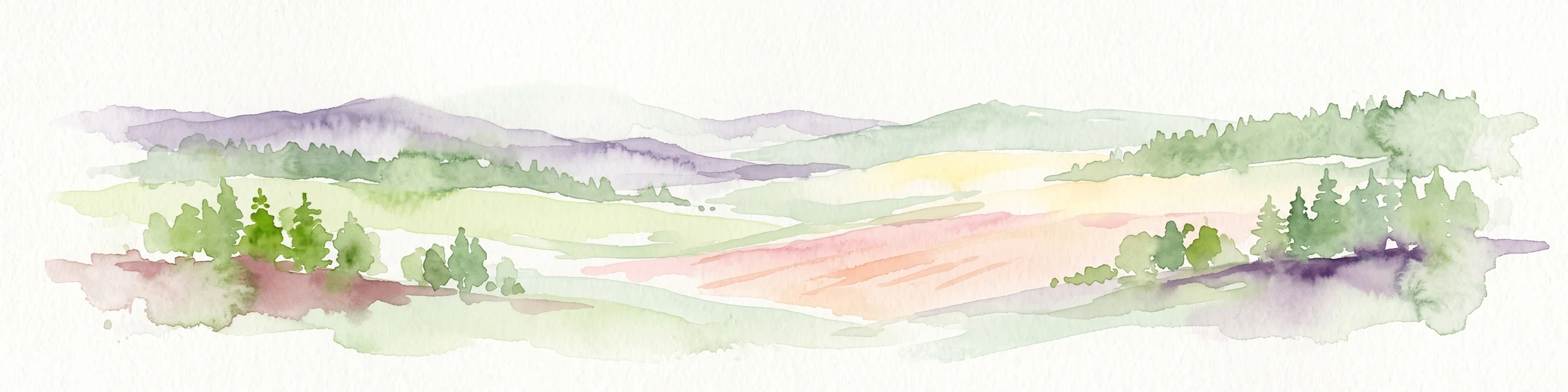 Una pintura horizontal en acuarela que representa un paisaje suave y en capas, con colinas lejanas, pendientes suaves y grupos de árboles de hoja perenne en tonos de verde y púrpura.