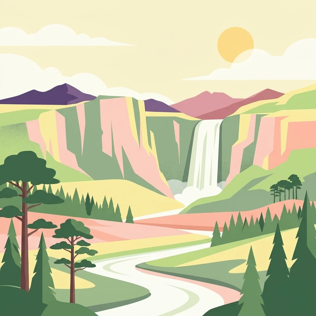 A flat-style digital illustration depicting a winding river leading toward a waterfall flanked by steep cliffs, with mountains in the background, coniferous trees in the foreground, and a pale sun in the sky.