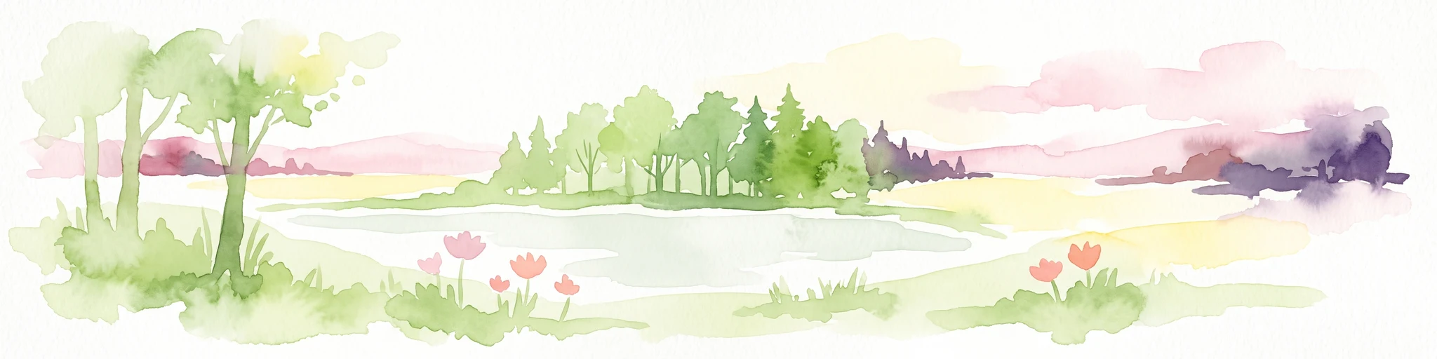 A horizontal watercolor painting showing a small pond surrounded by soft green trees, grass, and a few small red flowers against a pale sky.