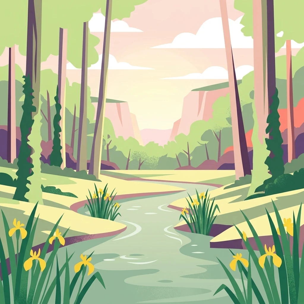 A digital illustration of a marshy landscape with a winding stream in the foreground, tall trees on either side, and low hills in the distance under a pale sky.