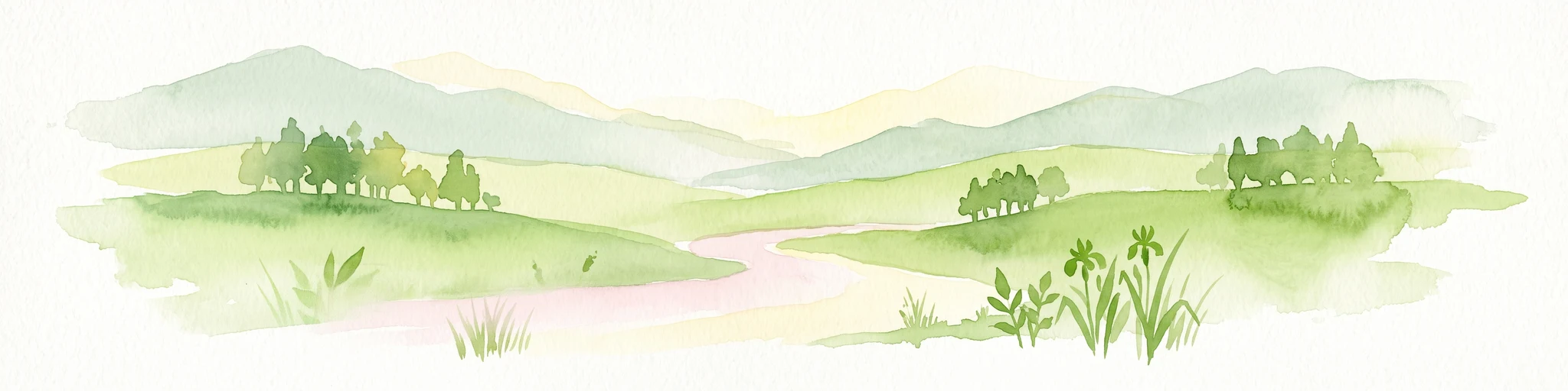 Una pintura a la acuarela que muestra un paisaje suave y estilizado con colinas verdes onduladas, pequeños grupos de árboles y un curso de agua serpenteante, con hierba alta y flores en primer plano.