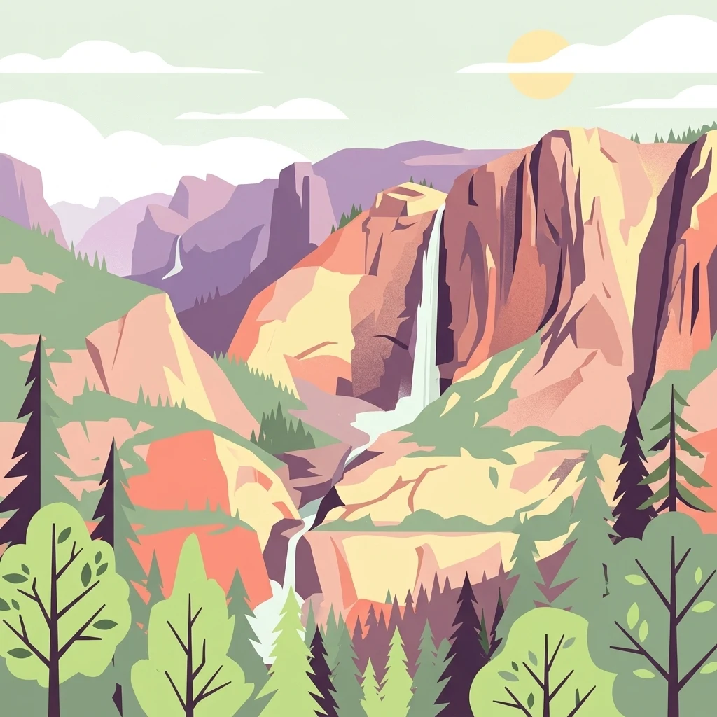 A stylized vector illustration of a deep canyon with a tall waterfall, surrounded by evergreen trees and rocky cliffs under a light sun.