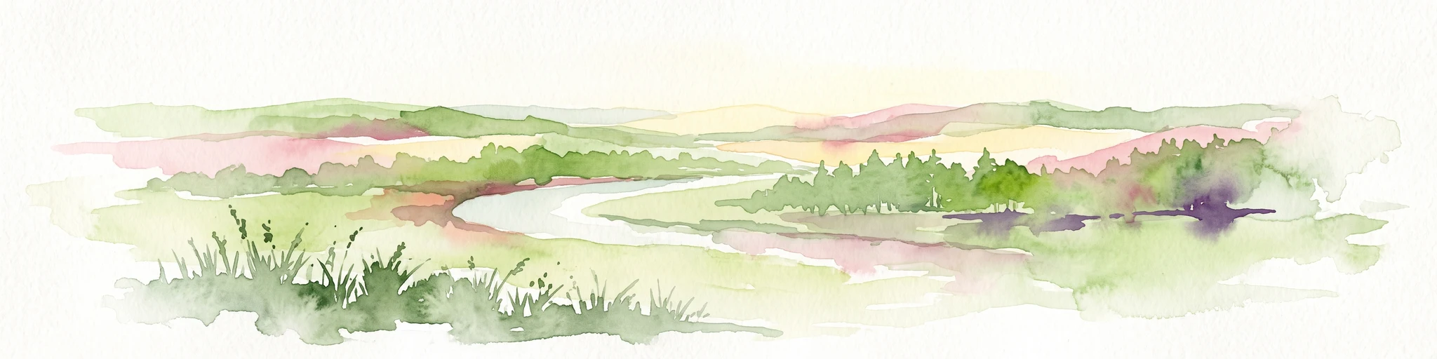 A soft, painterly watercolor illustration depicting a winding river flowing through a green basin with rolling hills, grasses, and scattered trees under a light sky.