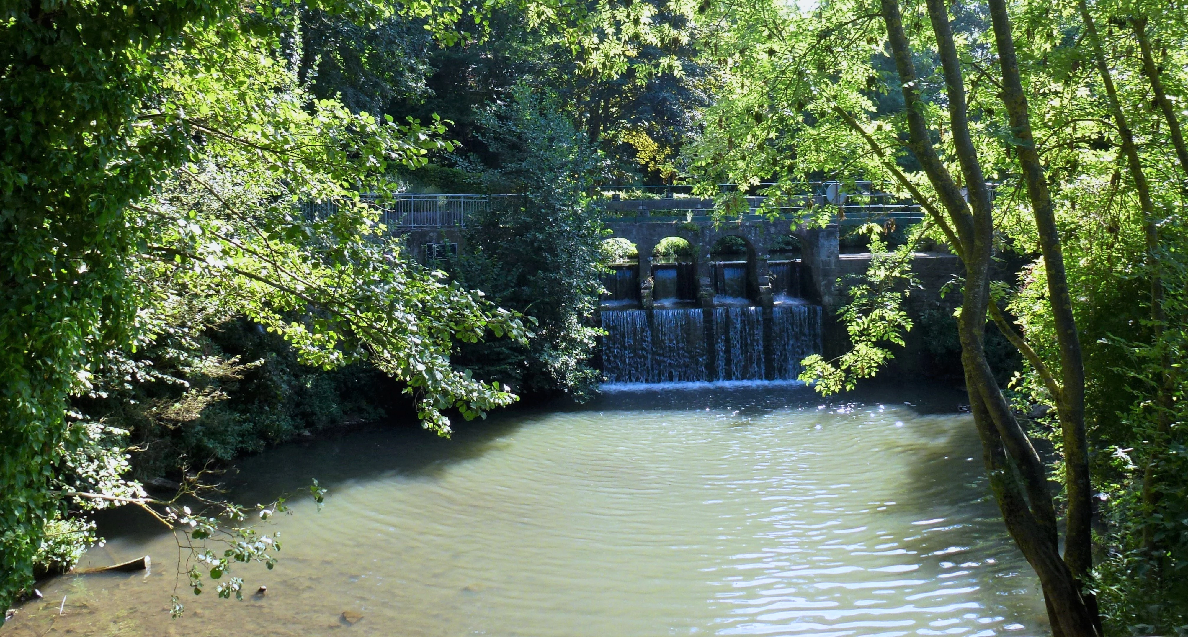A river with calm water in the foreground flows toward a stone weir creating a small waterfall, surrounded by dense green trees and vegetation on both banks.