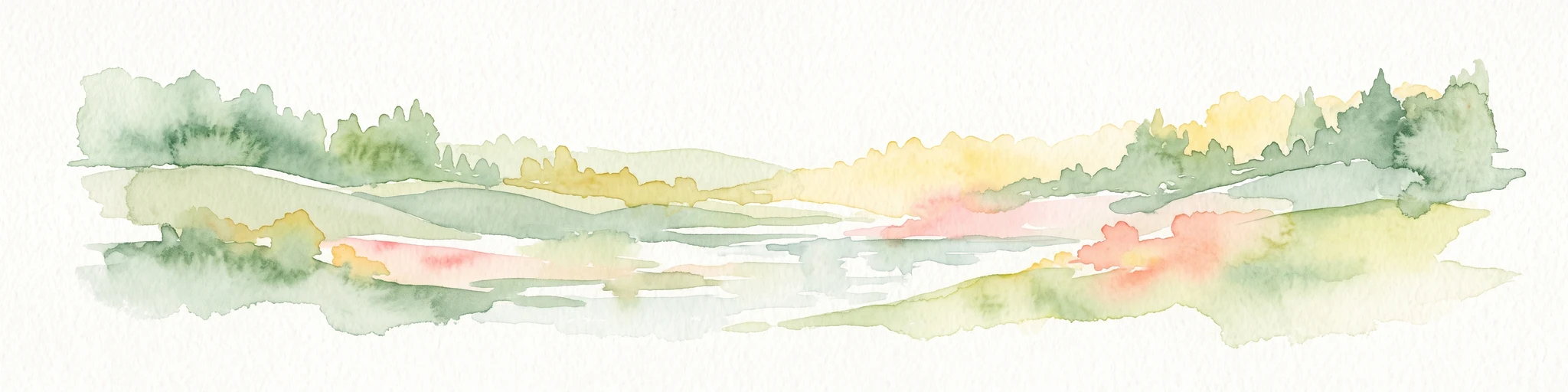 A wide watercolor illustration showing a calm river reflecting pink and yellow hues, bordered by green trees and vegetation on both banks.