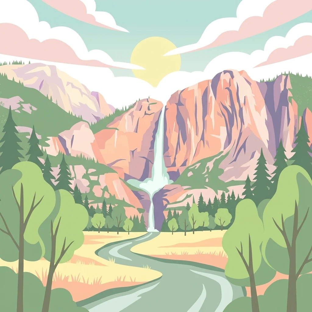 A stylized flat vector illustration of a waterfall cascading down a mountain into a winding river through a valley with trees and a setting sun.