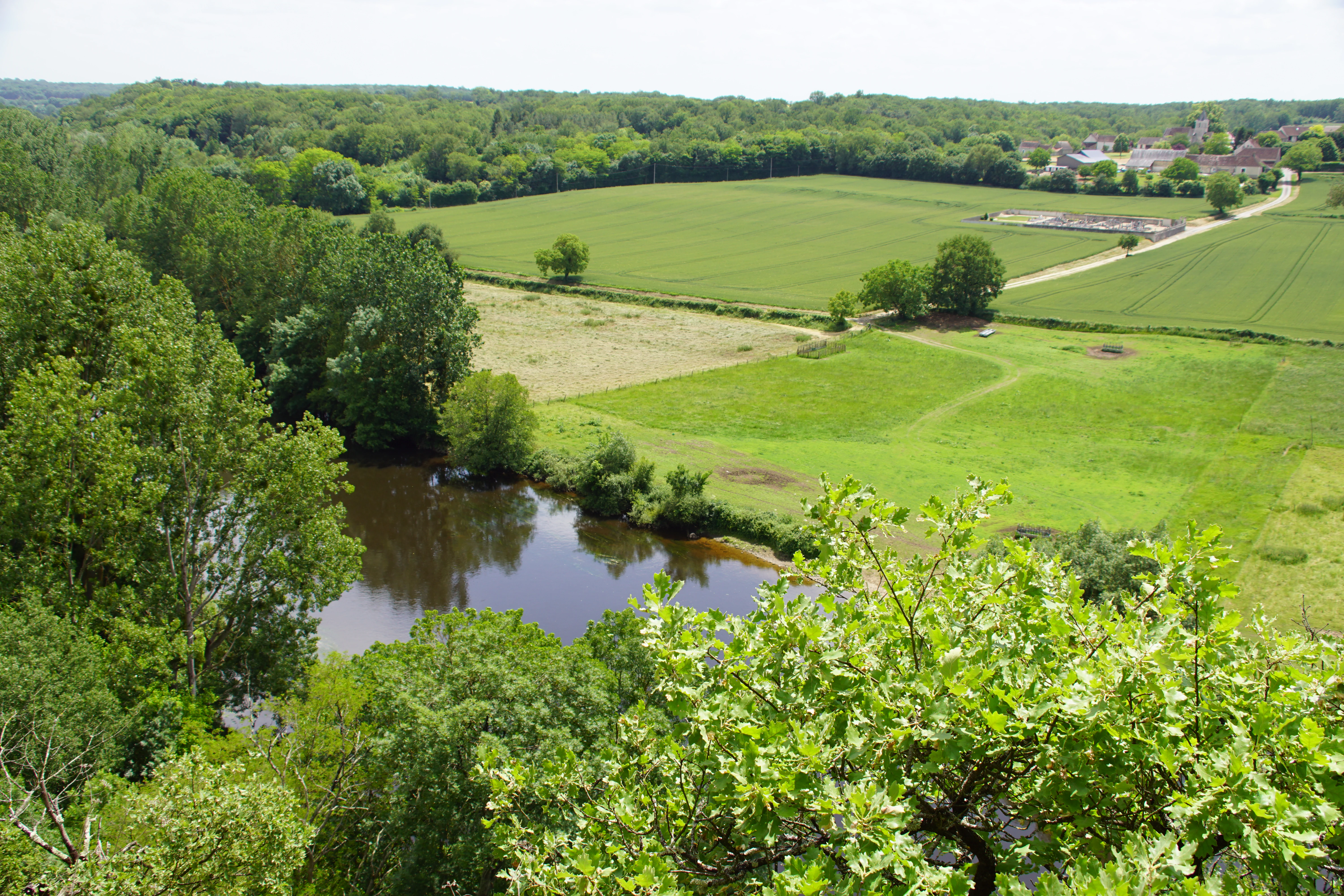 A high angle view overlooking a quiet river snaking through green meadows, surrounded by dense forests and a small village in the distance.