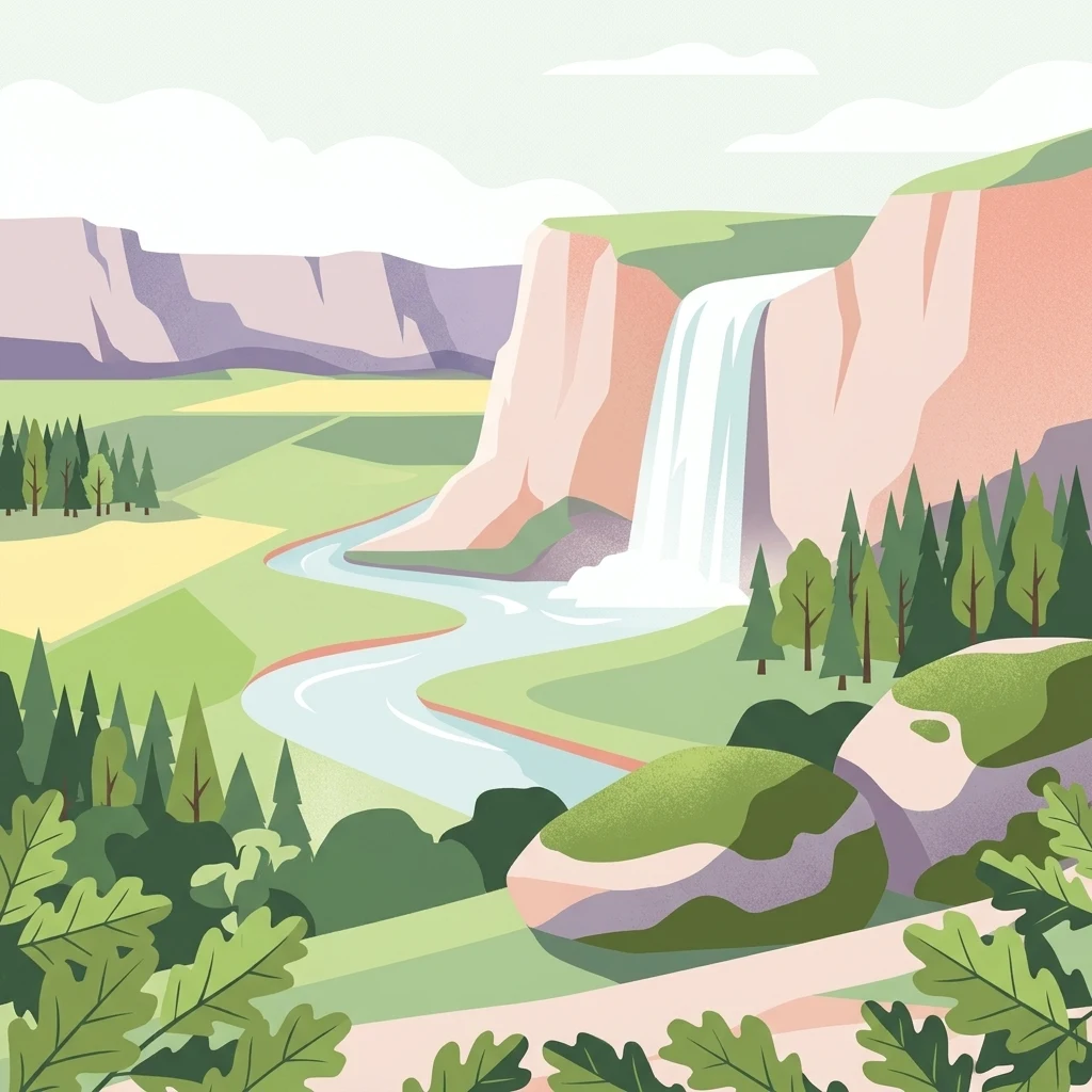 A flat-style digital illustration depicting a winding river flowing through a lush valley between light-colored limestone cliffs, with a waterfall cascading from one of the cliffs and coniferous trees along the banks.