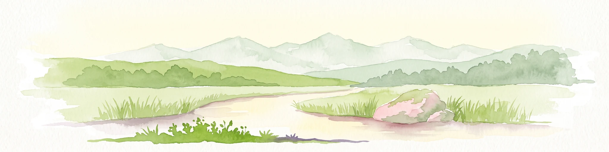 Watercolor painting of a winding river flowing through a grassy plain, with soft green hills in the distance and a large rock in the foreground.